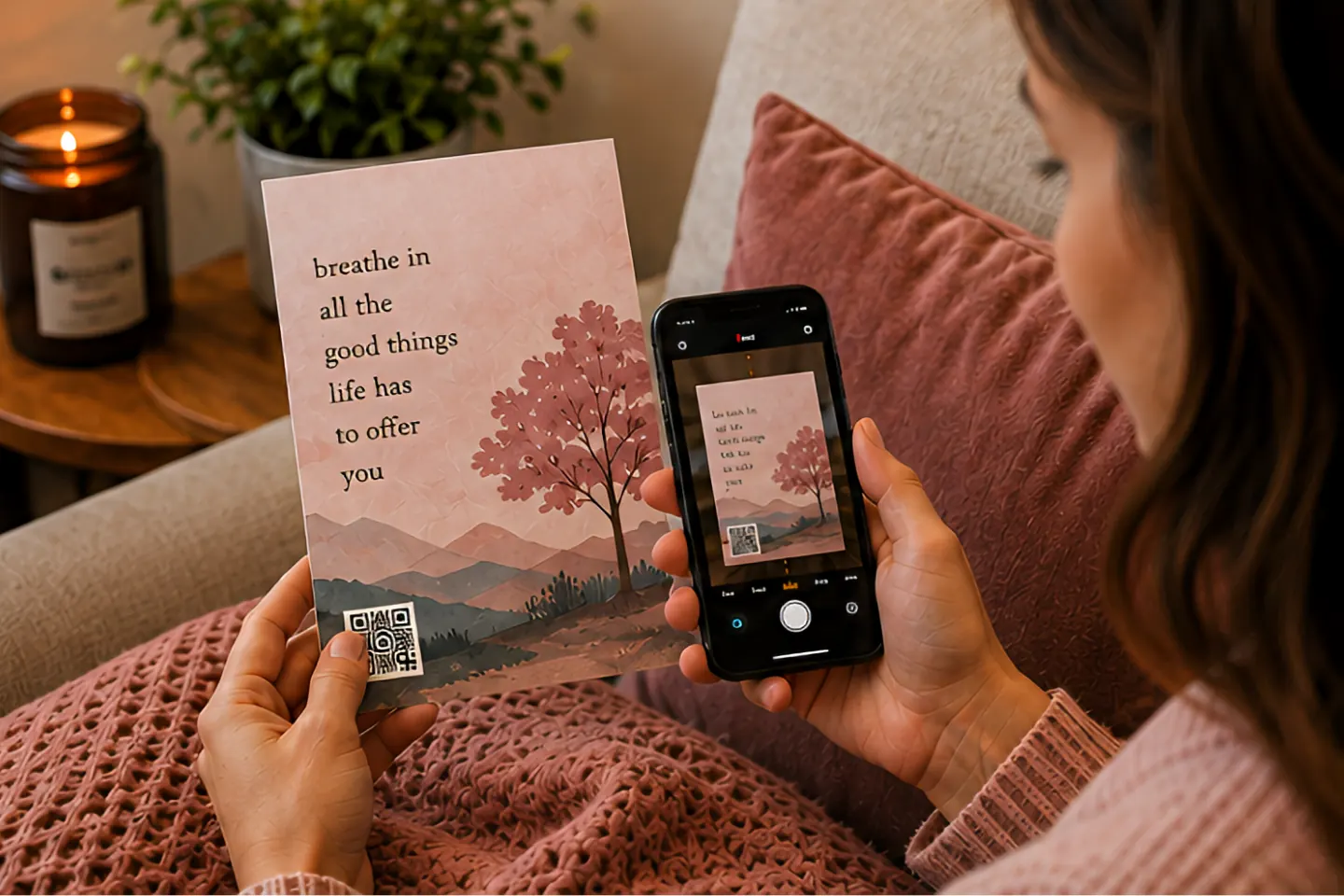A Circulta QR code on a greeting card, from the Poetry & Writing collection.