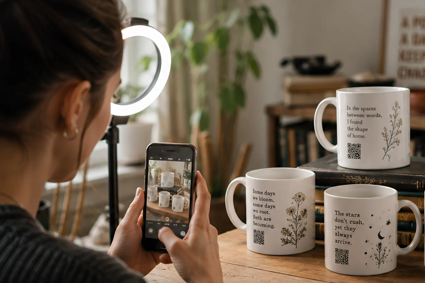 A Circulta QR code on a ceramic mug, from the Poetry & Writing collection.