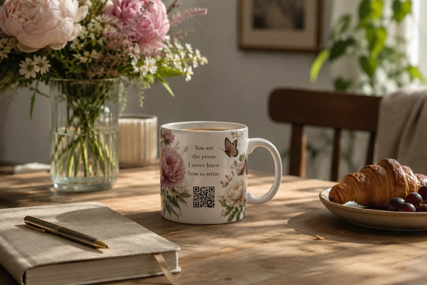 A Circulta QR code on a ceramic mug, from the Poetry & Writing collection.