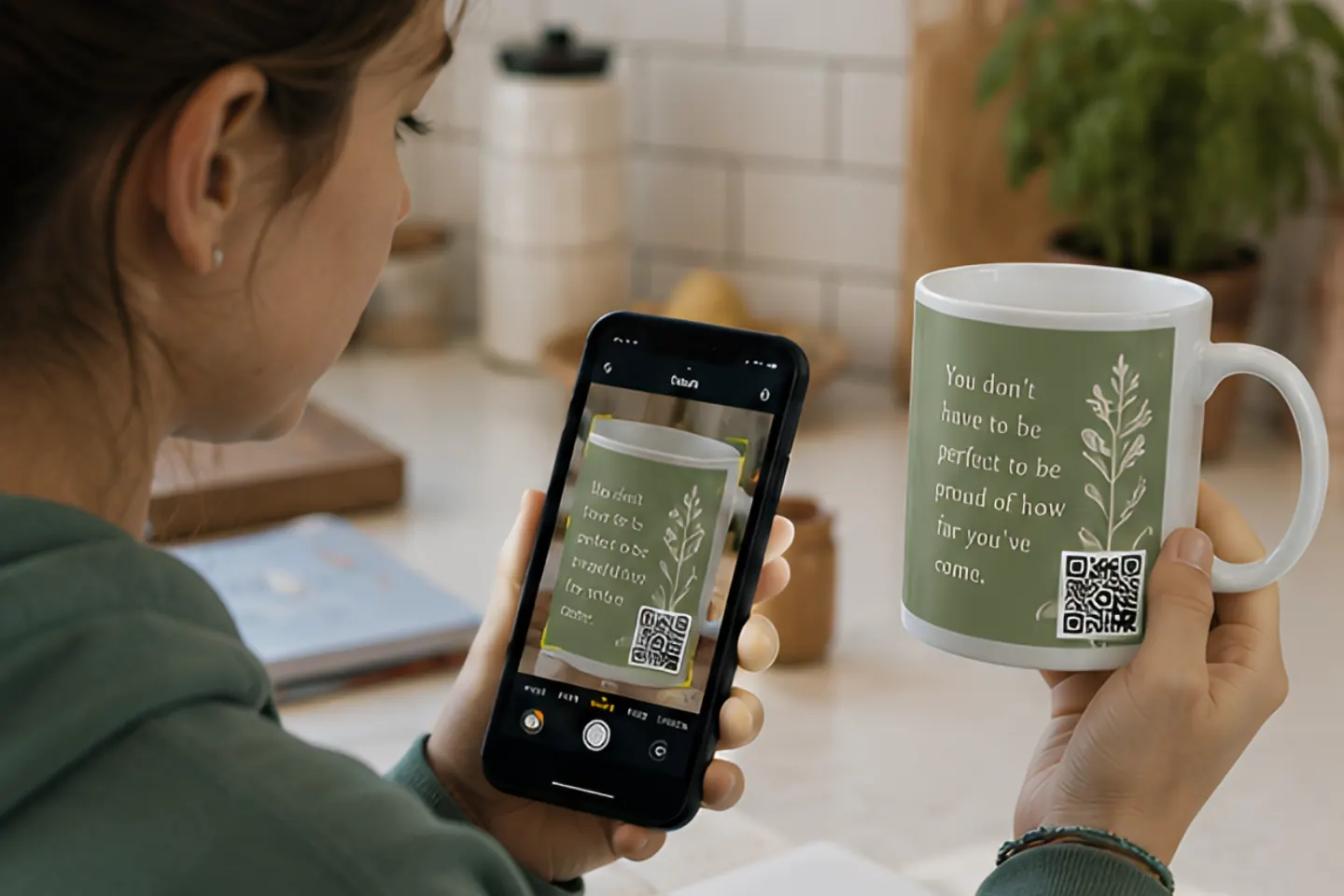 A Circulta QR code on a ceramic mug, from the Poetry & Writing collection.