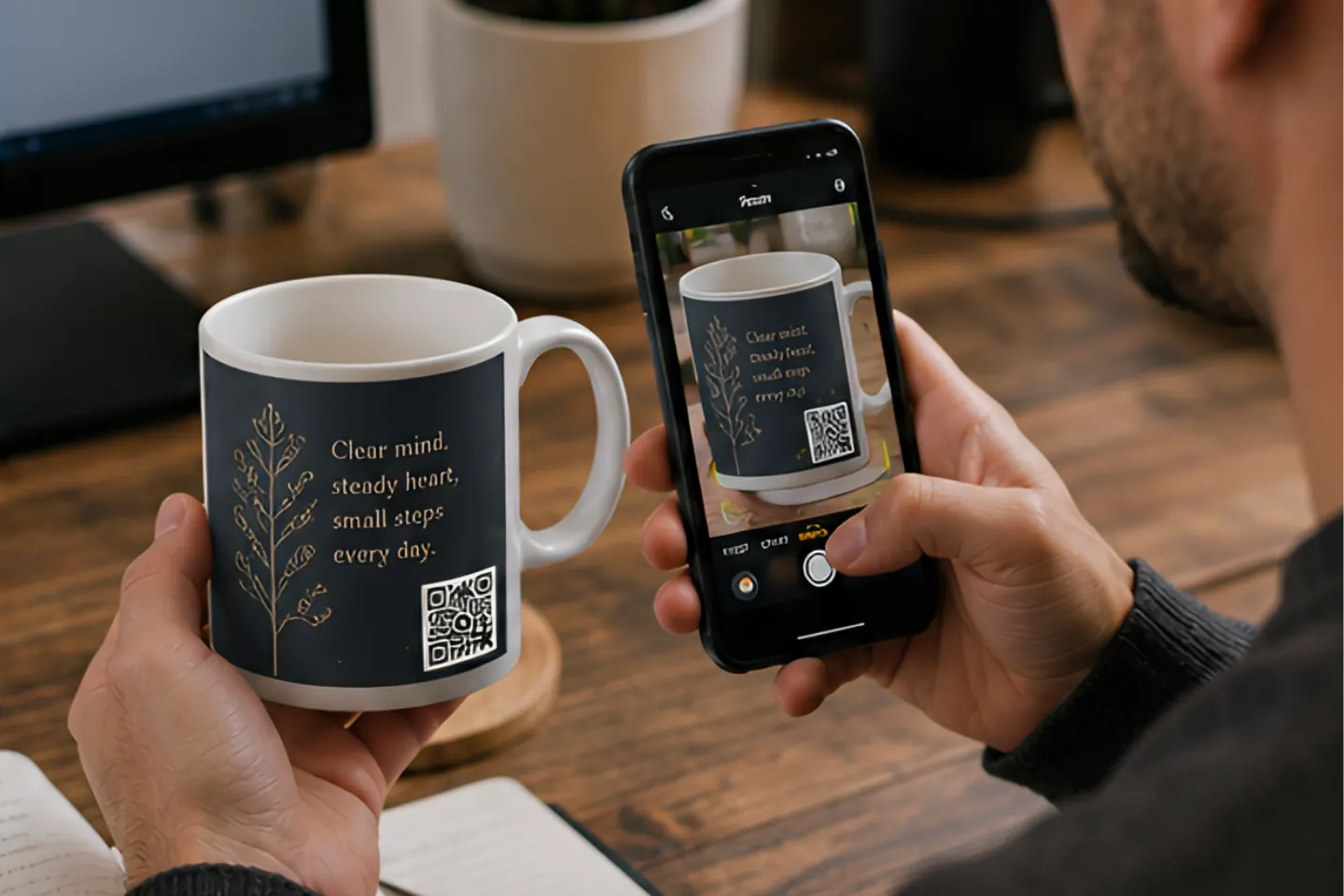 A Circulta QR code on a ceramic mug, from the Poetry & Writing collection.