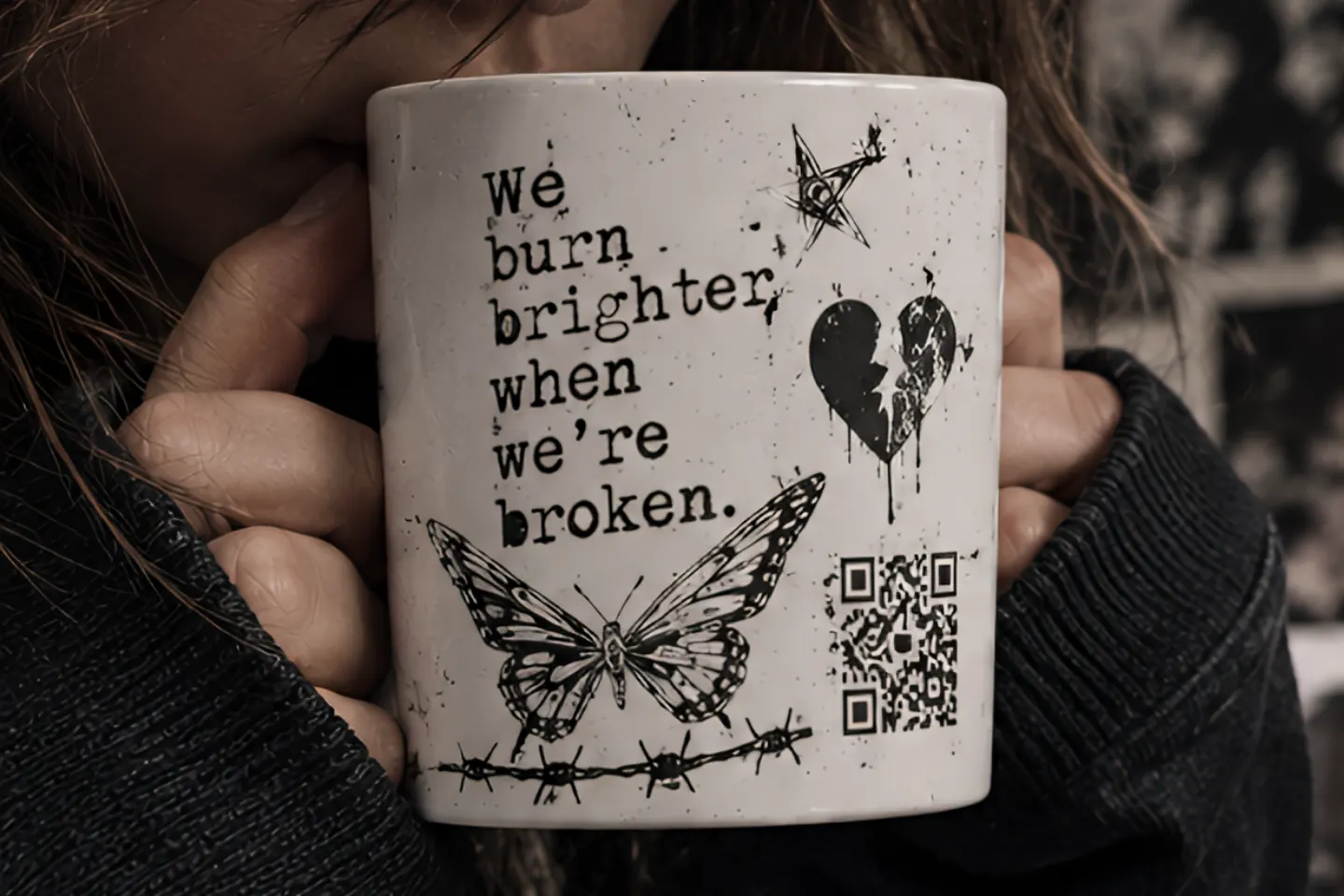 A Circulta QR code on a ceramic mug, from the Poetry & Writing collection.