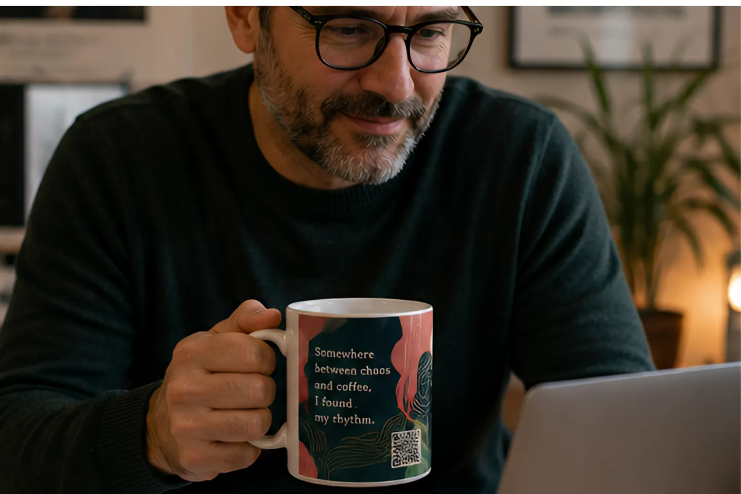 A Circulta QR code on a ceramic mug, from the Poetry & Writing collection.