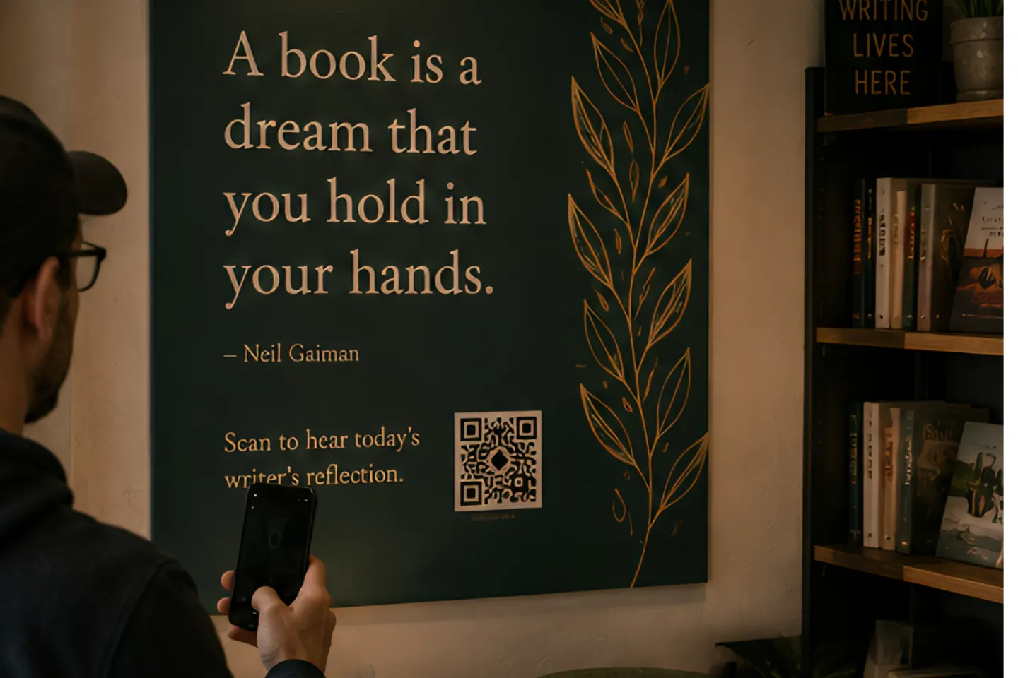 A Circulta QR code on a wall art piece, from the Poetry & Writing collection.