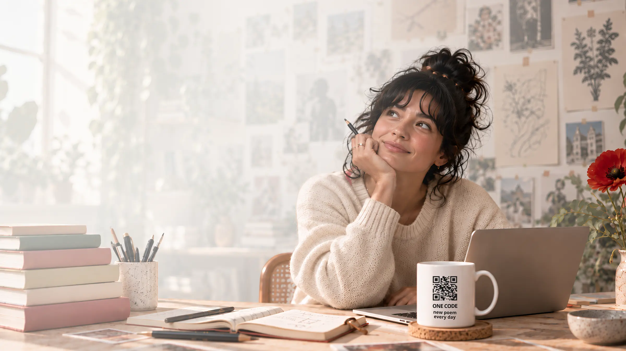 A smiling creator at her desk, and on it a mug printed with a Circulta code and the words One code, new poem every day.