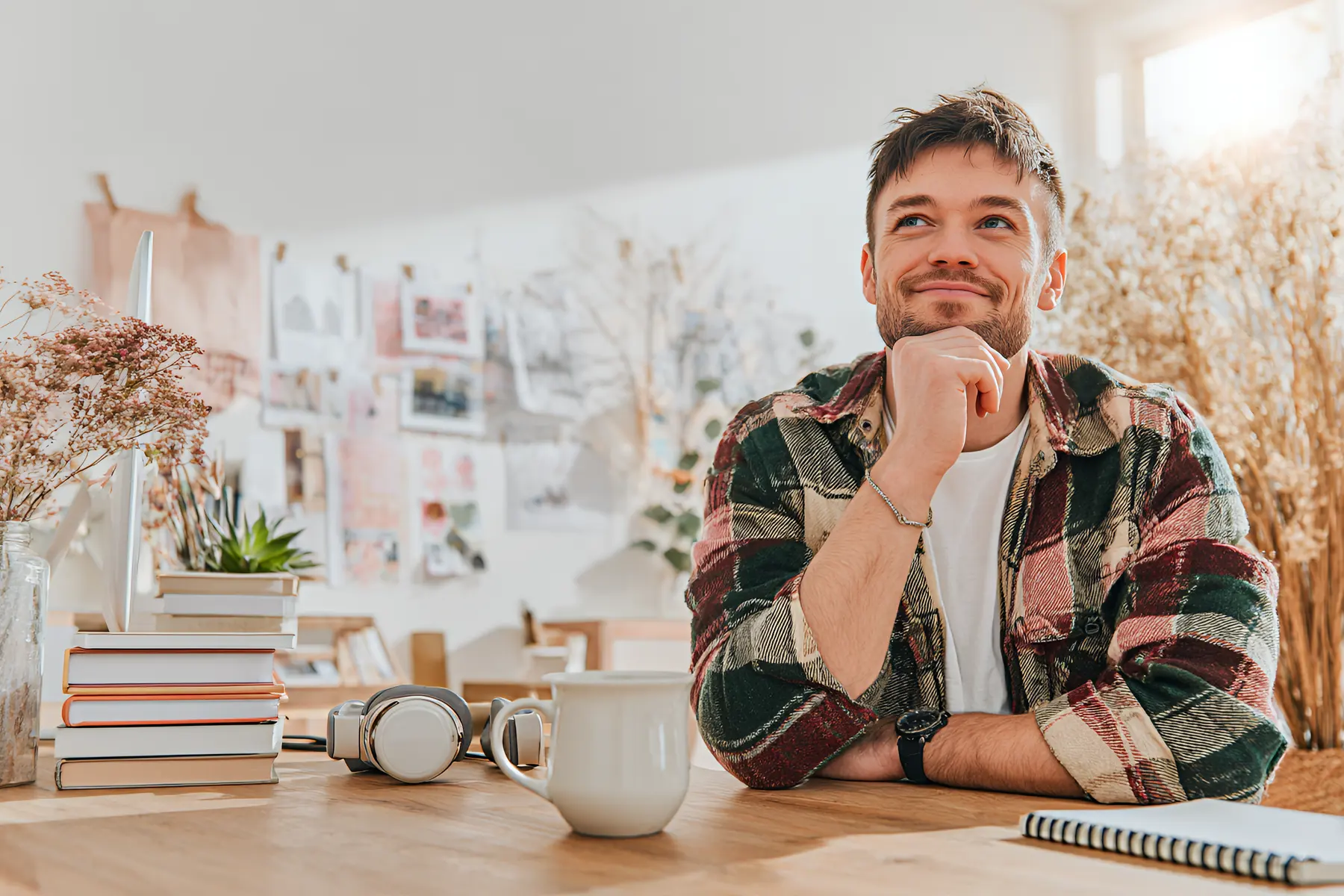 A smiling creator at his desk, chin on his hand, looking up and thinking.