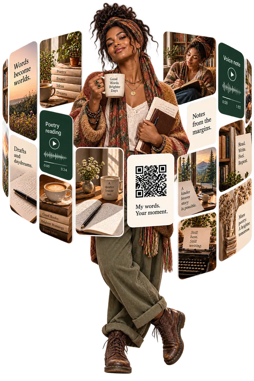 A poet holding a mug and notebooks, surrounded by the drops one loop can deliver: poems, reading notes, a voice note and a Circulta code.