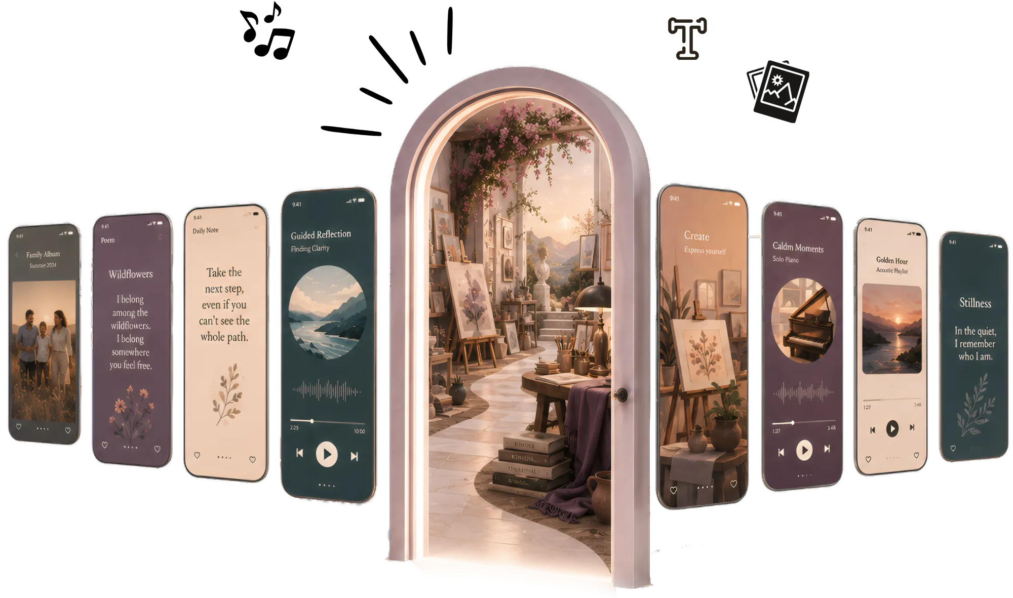 An open doorway onto a lit studio, with phone screens fanned out on either side showing a photo album, a poem, a daily note and audio players.